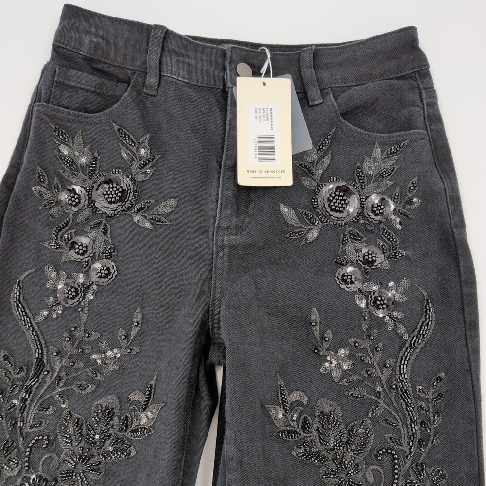 NWT The Noli Shop Stassi Floral Sequin Jeans Black Flower Applique Stretch Sz 29